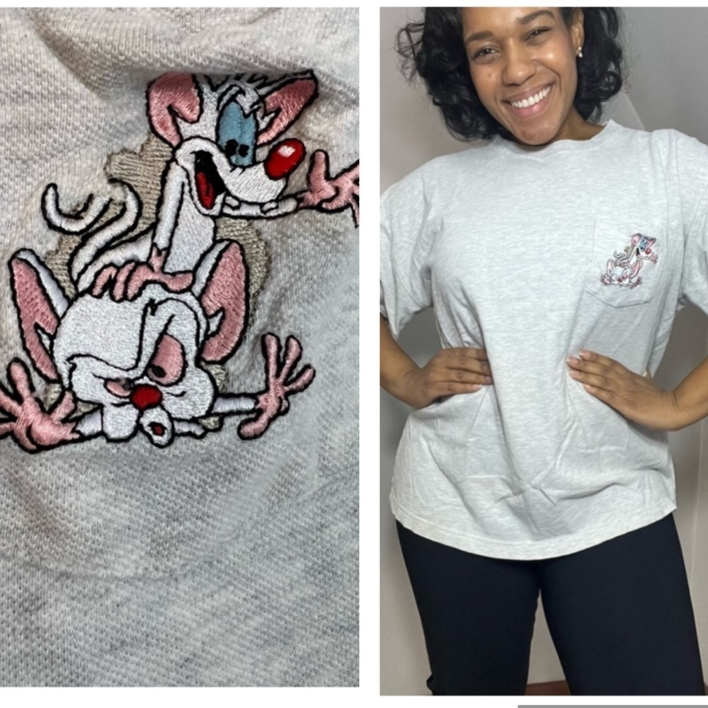 Vintage Pinky and the Brain Light Gray Graphic T-Shirt Embroidered Top Y2K retro